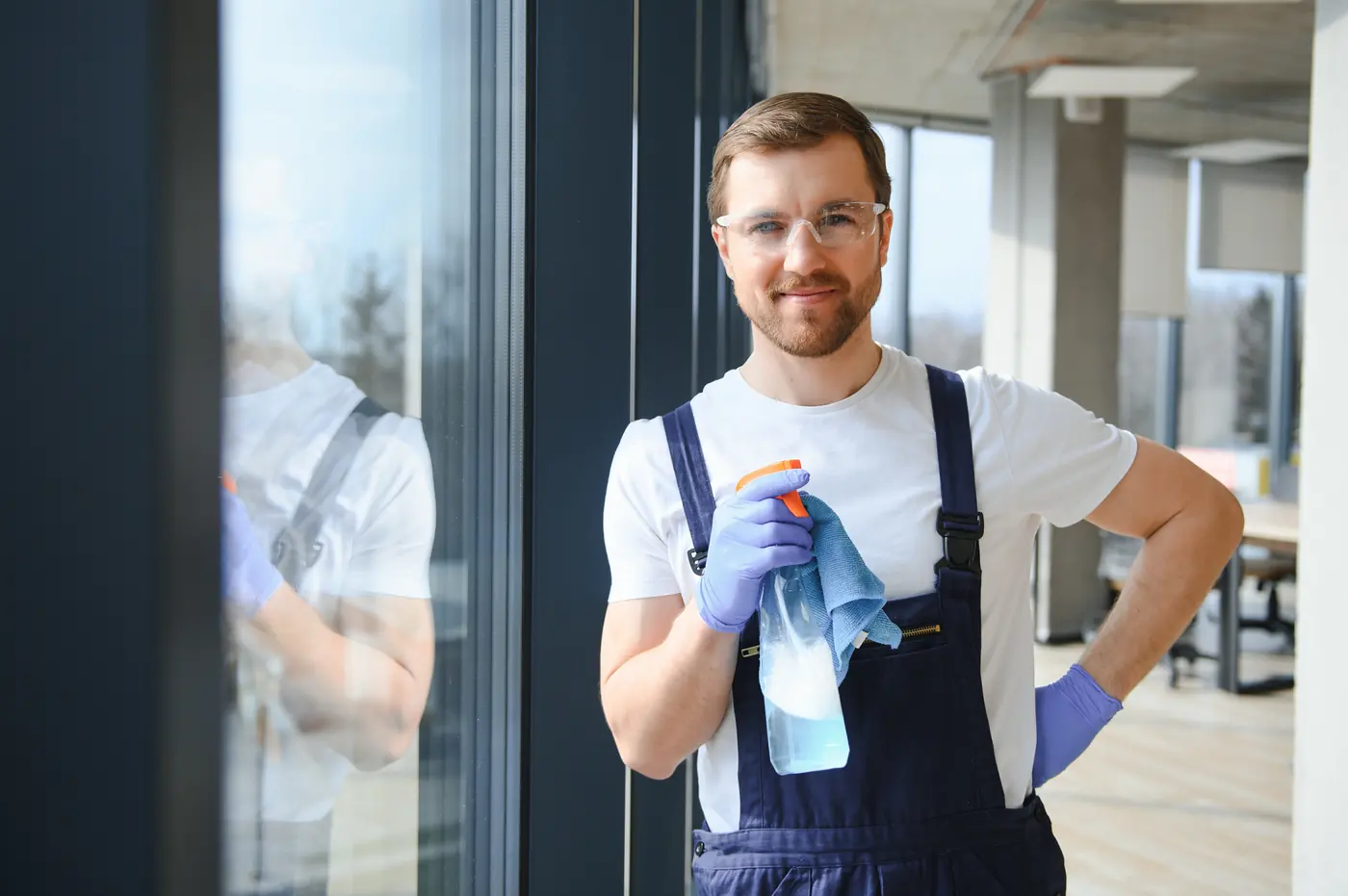 Reinigungskraft mit Sprühflasche und Tuch in einem hellen Büro